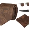 Paisley Neck Brown Tie Gift Set Pocket Square Cuff Links Tie Floral Satin