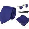 Satin Silk Textured Blue Tie Gift Set Pocket Square Cuff Links Tie Matt Satin