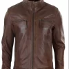 Real Leather Mens High Collar Jacket – Brown