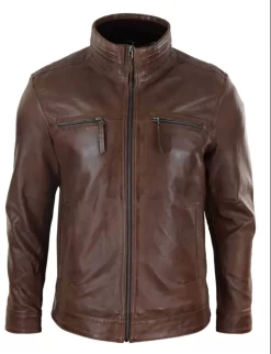 Real Leather Mens High Collar Jacket – Brown