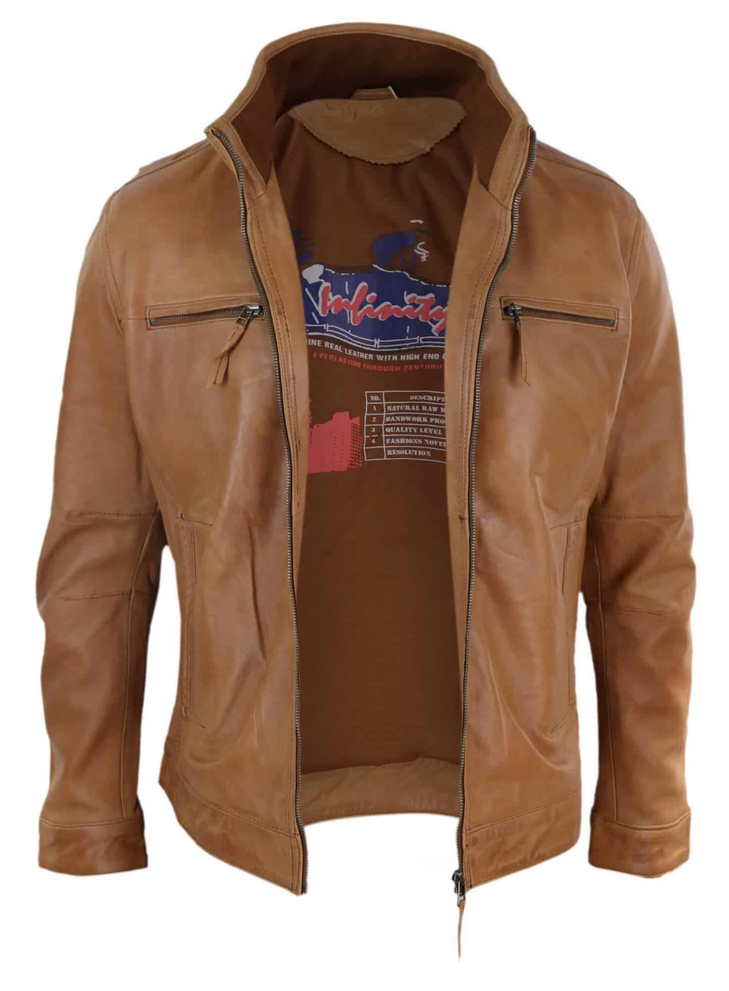 Real Leather Mens High Collar Jacket β Tan - Image 5