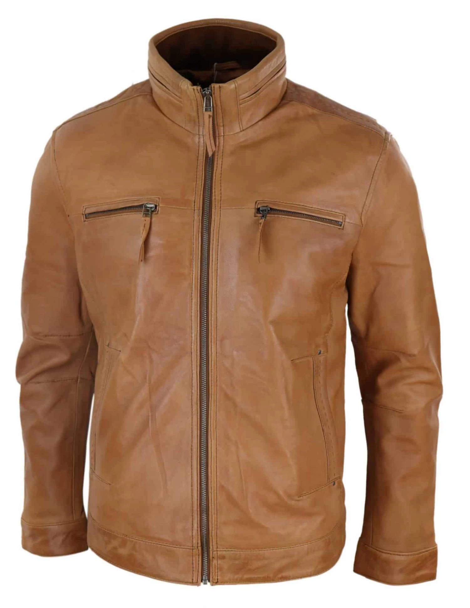 Real Leather Mens High Collar Jacket β Tan - Image 2