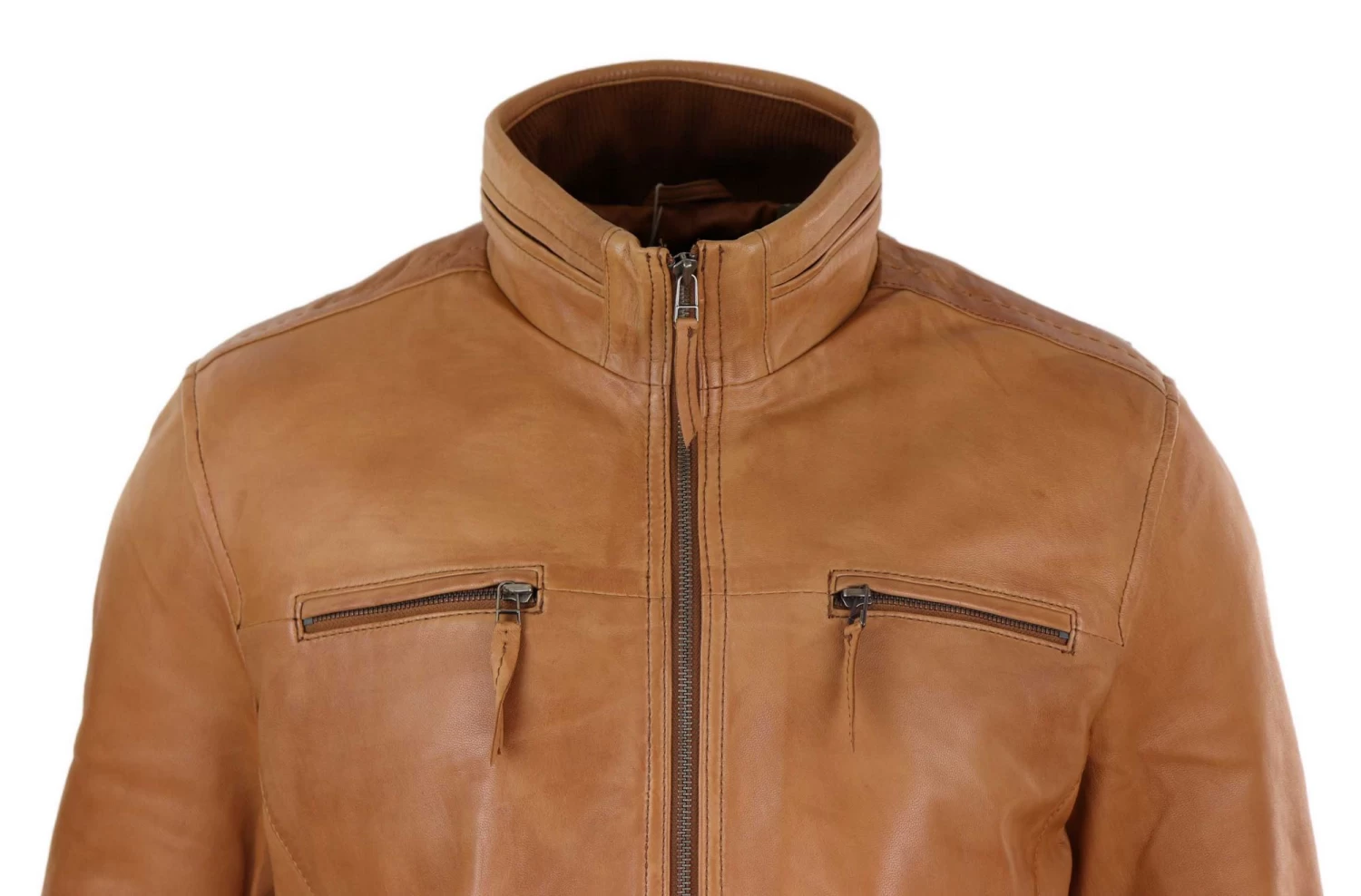 Real Leather Mens High Collar Jacket β Tan - Image 3