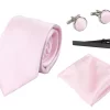 Satin Silk Pink Tie Gift Set Pocket Square Cuff Links Tie Shiny Satin