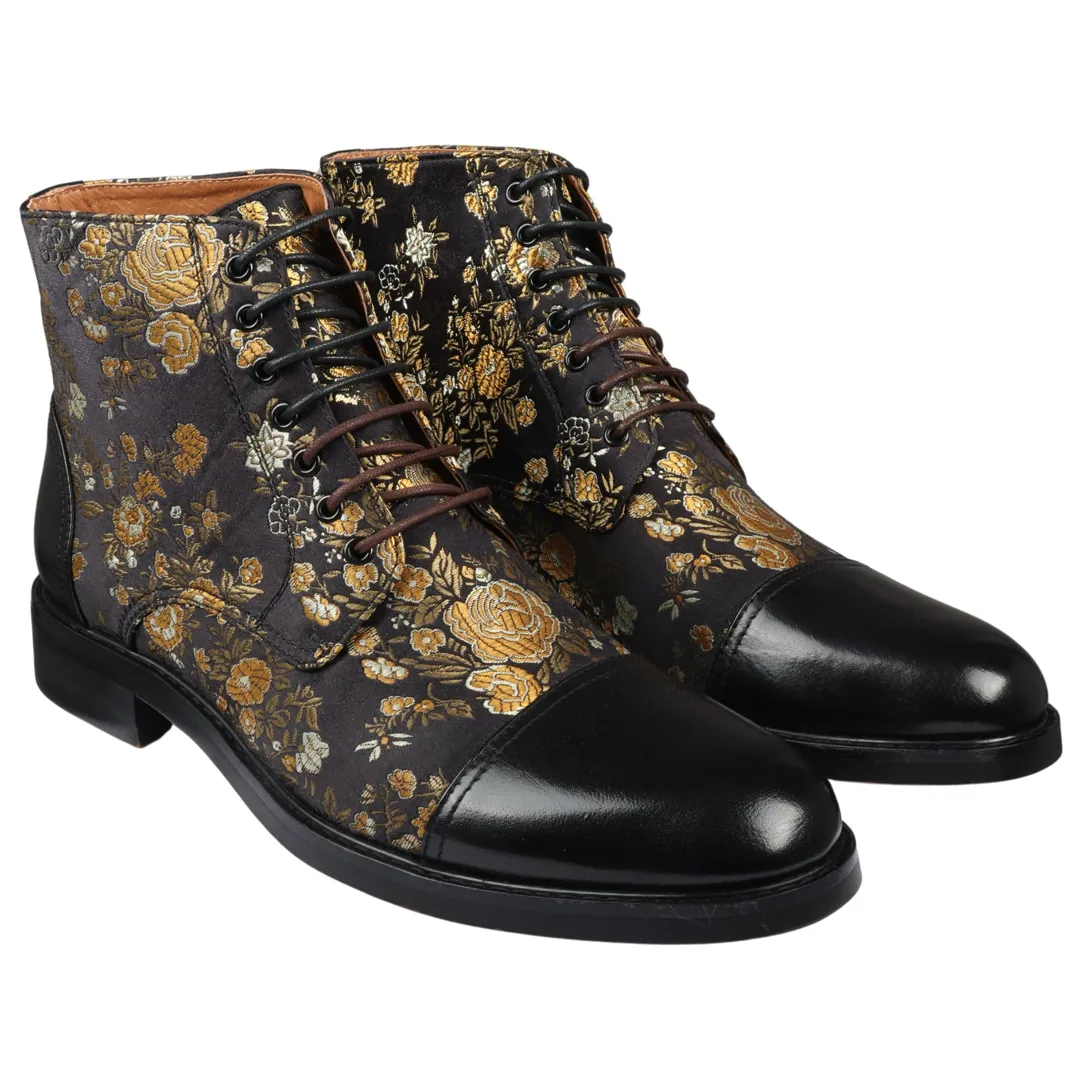 Adam- Men’s Floral Print Leather Oxford Ankle Black Boots - Image 2