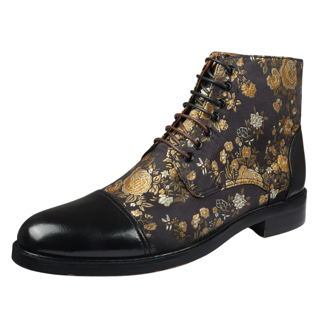 Adam- Men’s Floral Print Leather Oxford Ankle Black Boots - Image 3