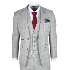 Andrew Men’s 3-Piece Grey Checked Slim Fit Suit With Red Accents
