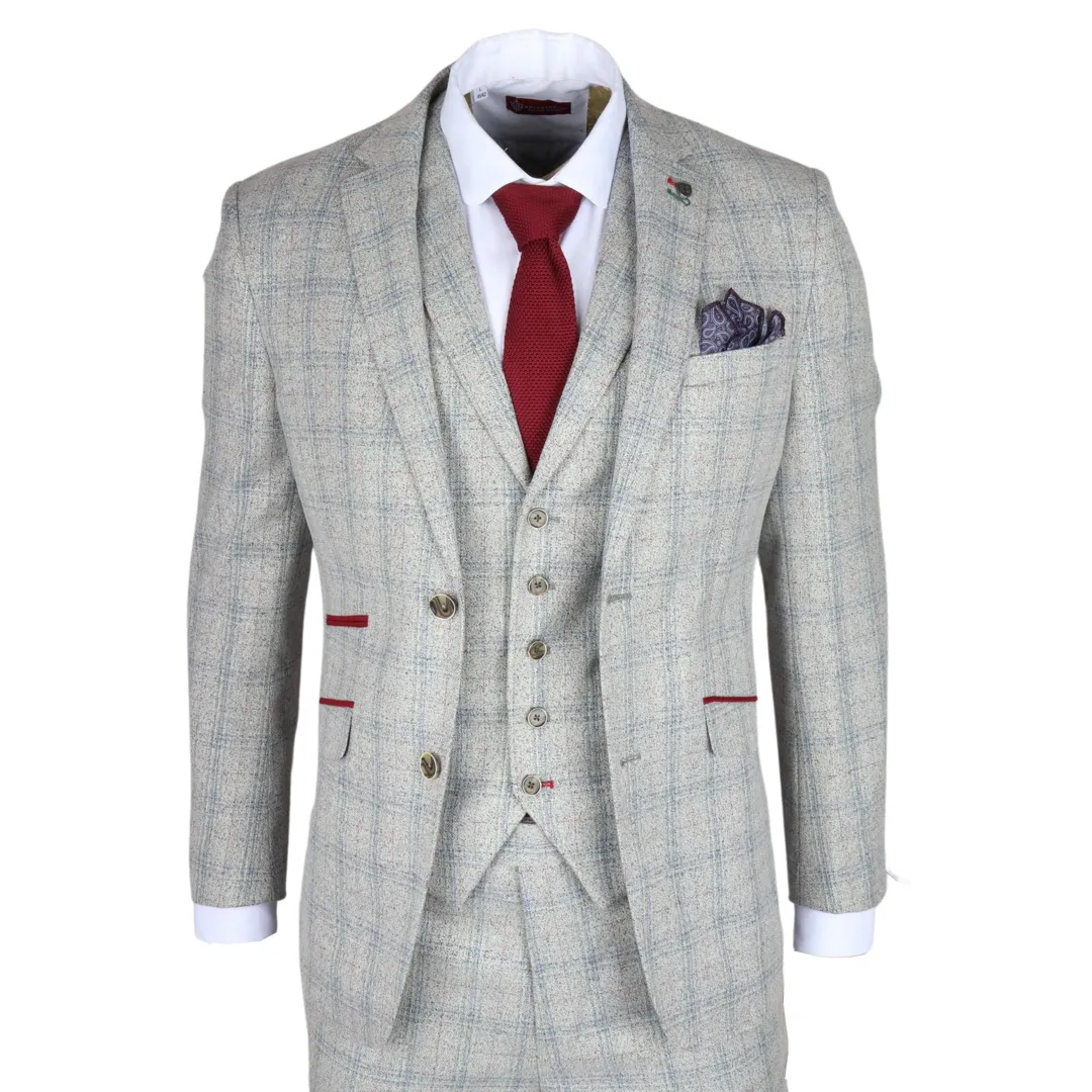 Andrew Men’s 3-Piece Grey Checked Slim Fit Suit With Red Accents