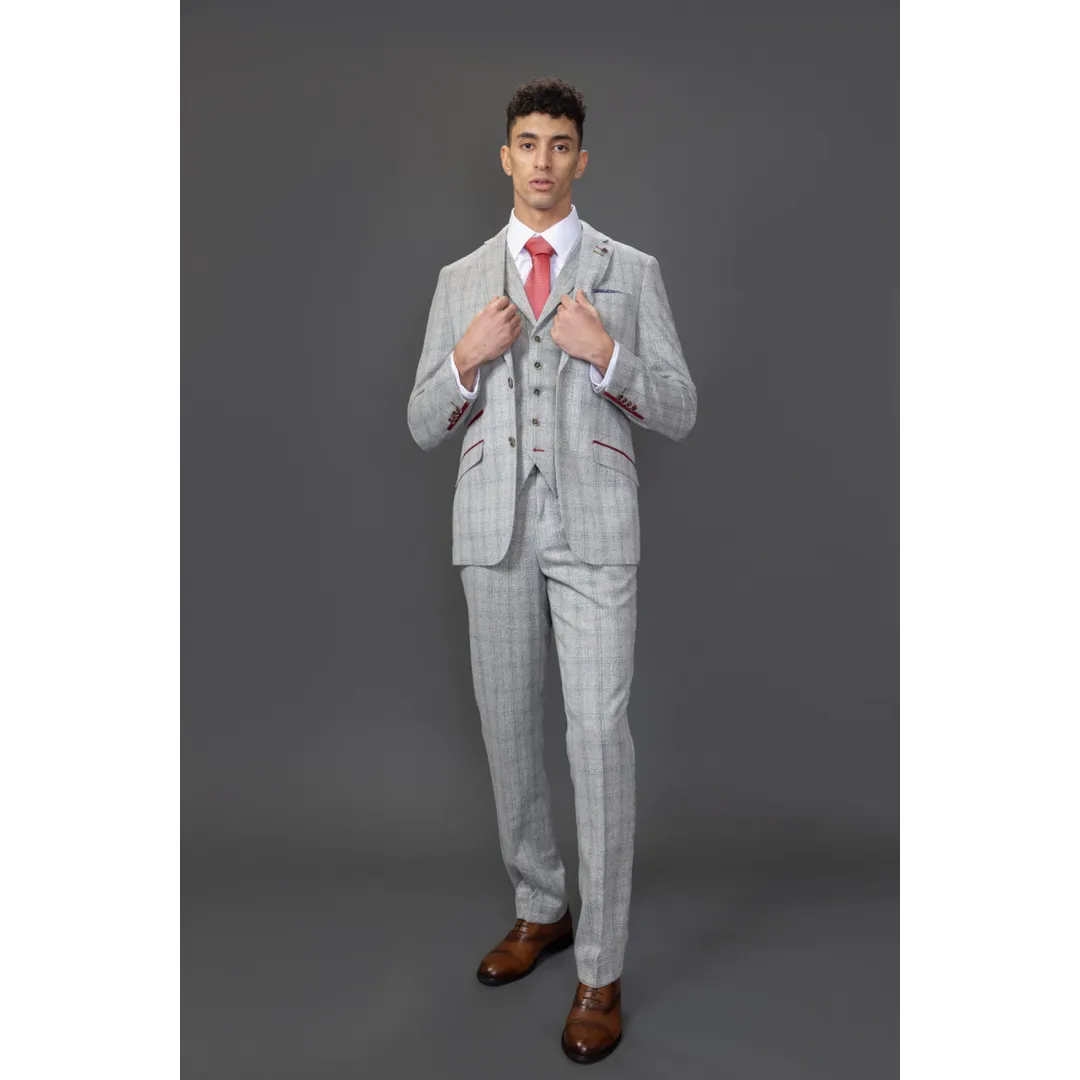 Andrew Men’s 3-Piece Grey Checked Slim Fit Suit With Red Accents - Image 5
