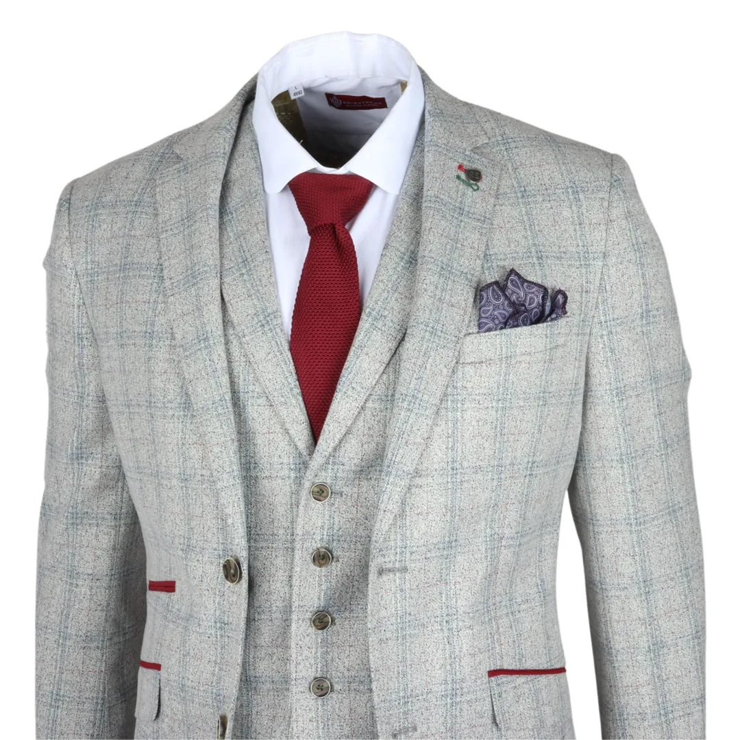 Andrew Men’s 3-Piece Grey Checked Slim Fit Suit With Red Accents - Image 8