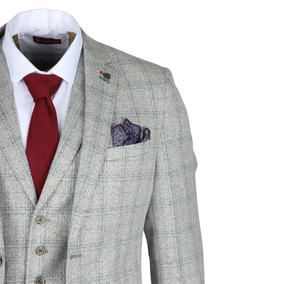 Andrew Men’s 3-Piece Grey Checked Slim Fit Suit With Red Accents - Image 9