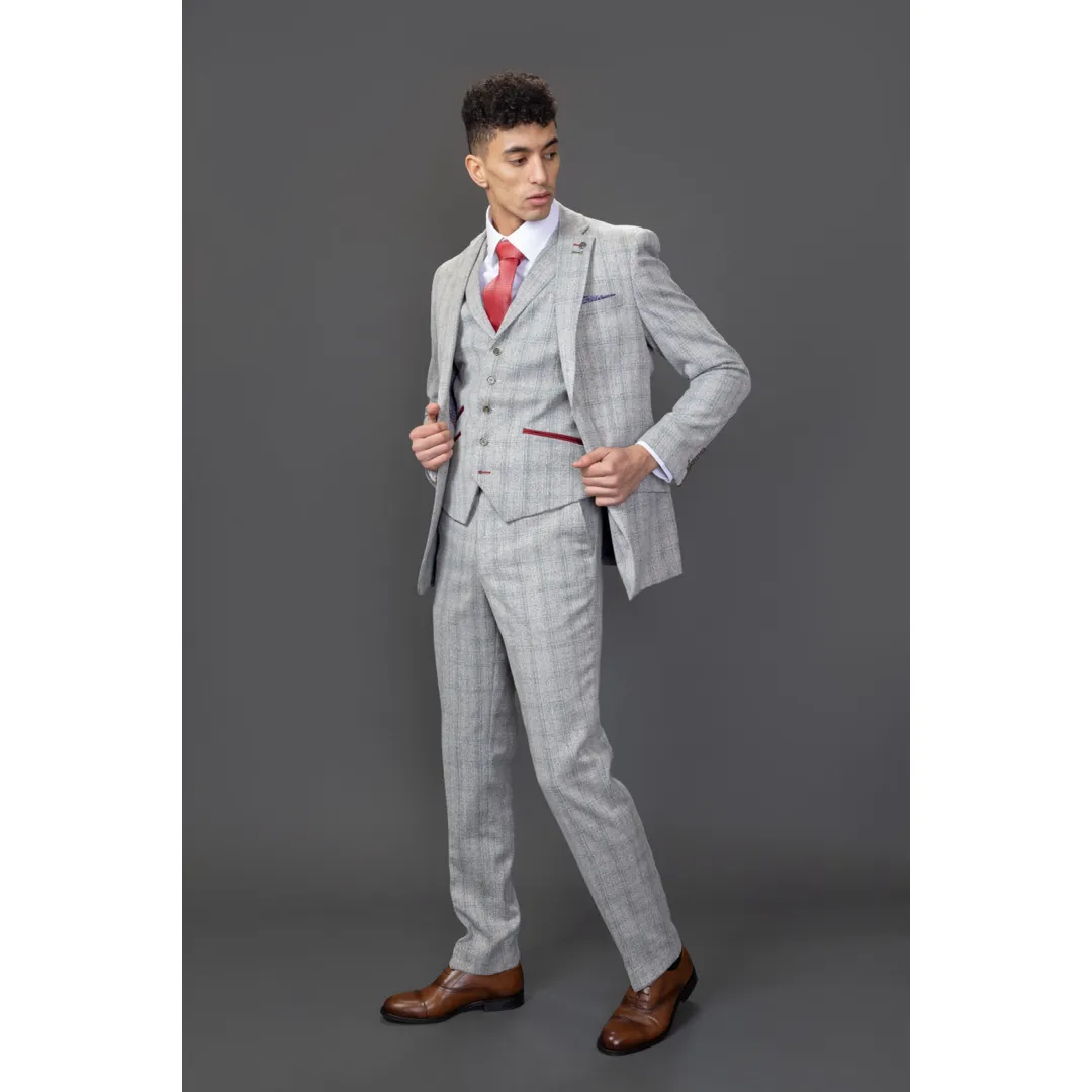 Andrew Men’s 3-Piece Grey Checked Slim Fit Suit With Red Accents - Image 3