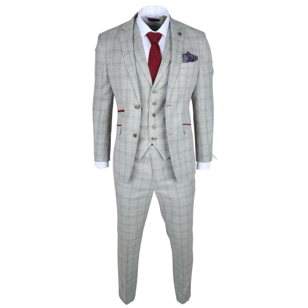 Andrew Men’s 3-Piece Grey Checked Slim Fit Suit With Red Accents - Image 10