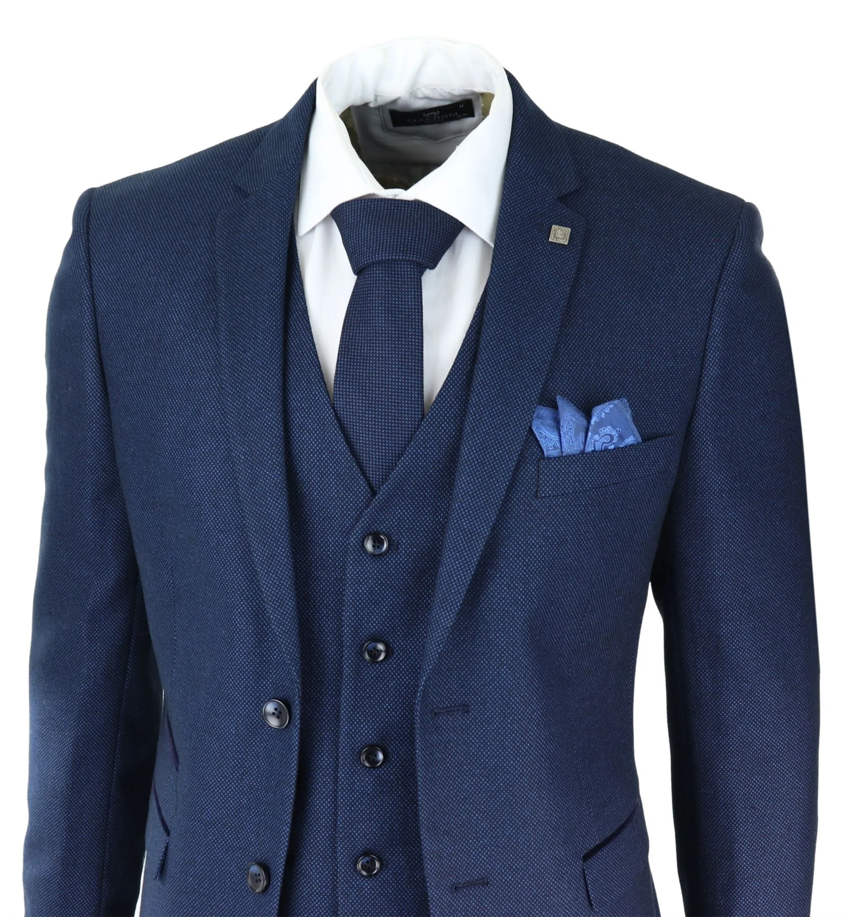 Mens Navy Blue 3 Piece Suit Birdseye Suit Wedding Prom Formal Smart Classic - Image 4