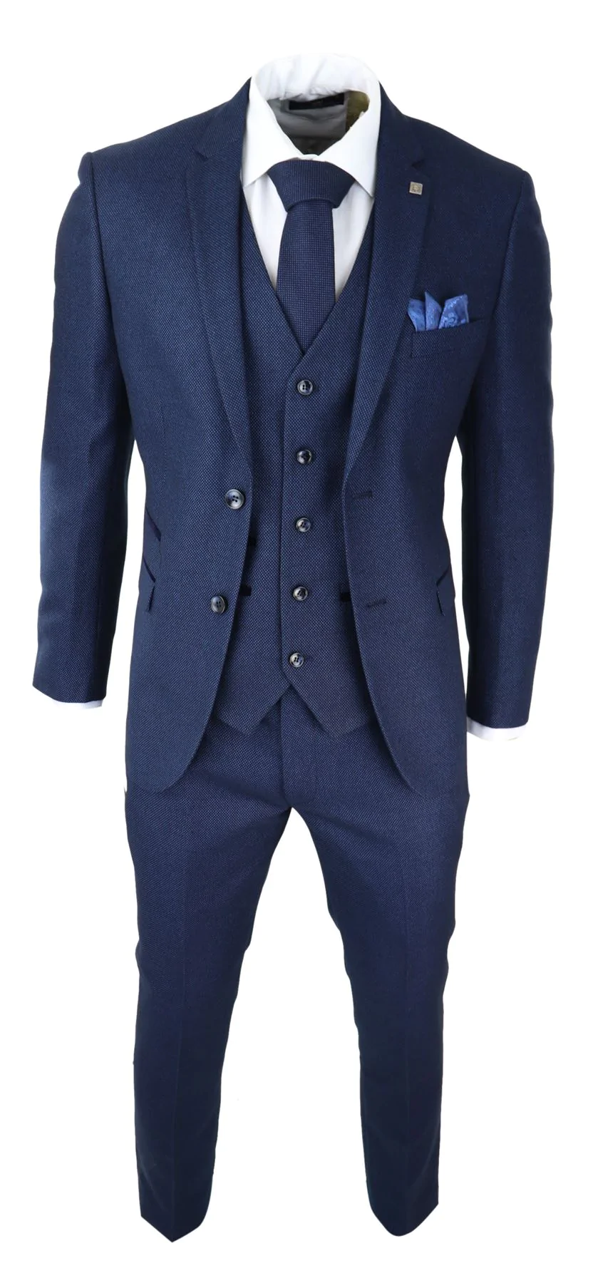 Mens Navy Blue 3 Piece Suit Birdseye Suit Wedding Prom Formal Smart Classic - Image 5