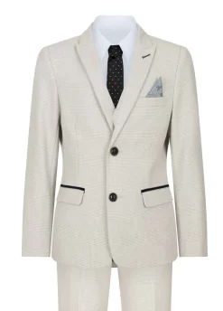 Boys 3 Piece Cream Tweed Wedding Party Check Suit Tailored Fit Smart Formal
