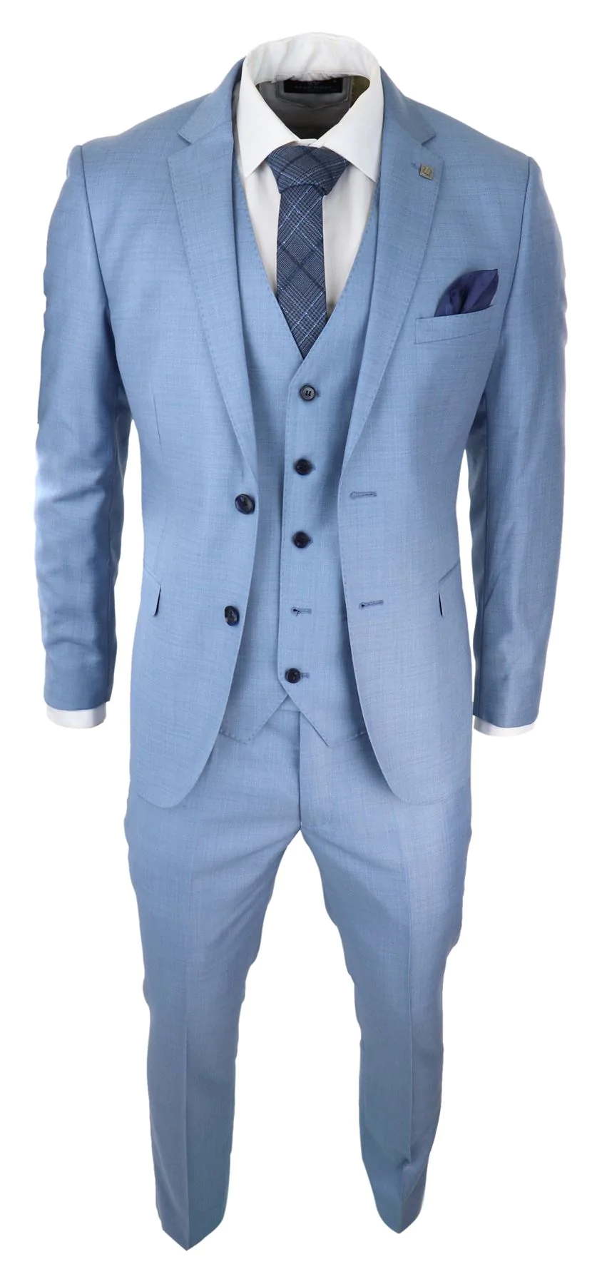 Mens Light Blue Sky 3 Piece Suit Classic Stitch Wedding Summer Prom Classic - Image 6