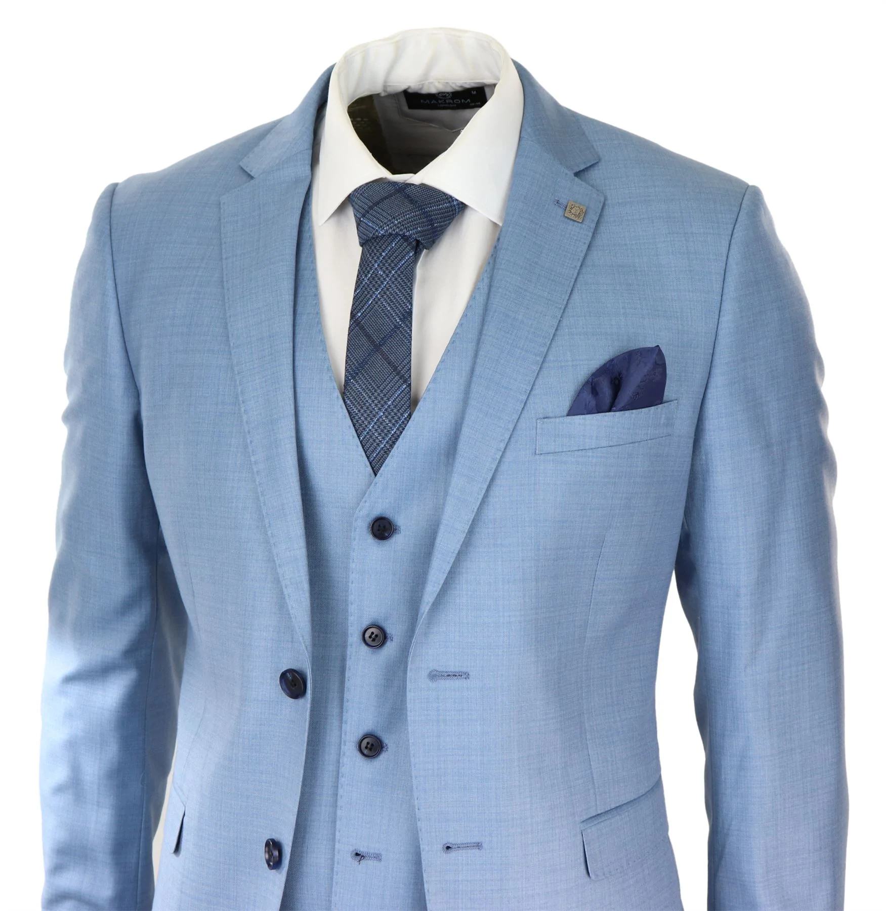 Mens Light Blue Sky 3 Piece Suit Classic Stitch Wedding Summer Prom Classic - Image 3