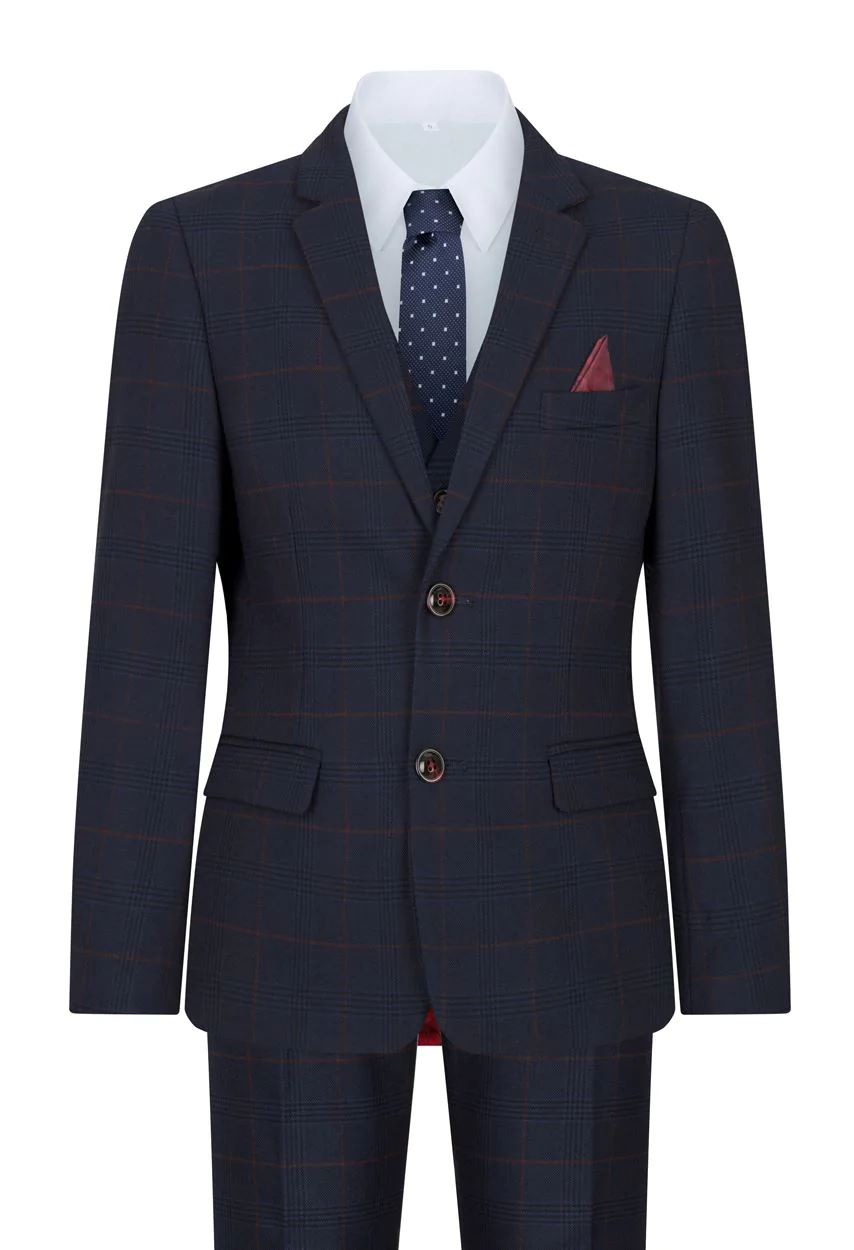 Boys Navy Check 3 Piece Suit Red Edinson Marc Darcy Classic Vintage Wedding