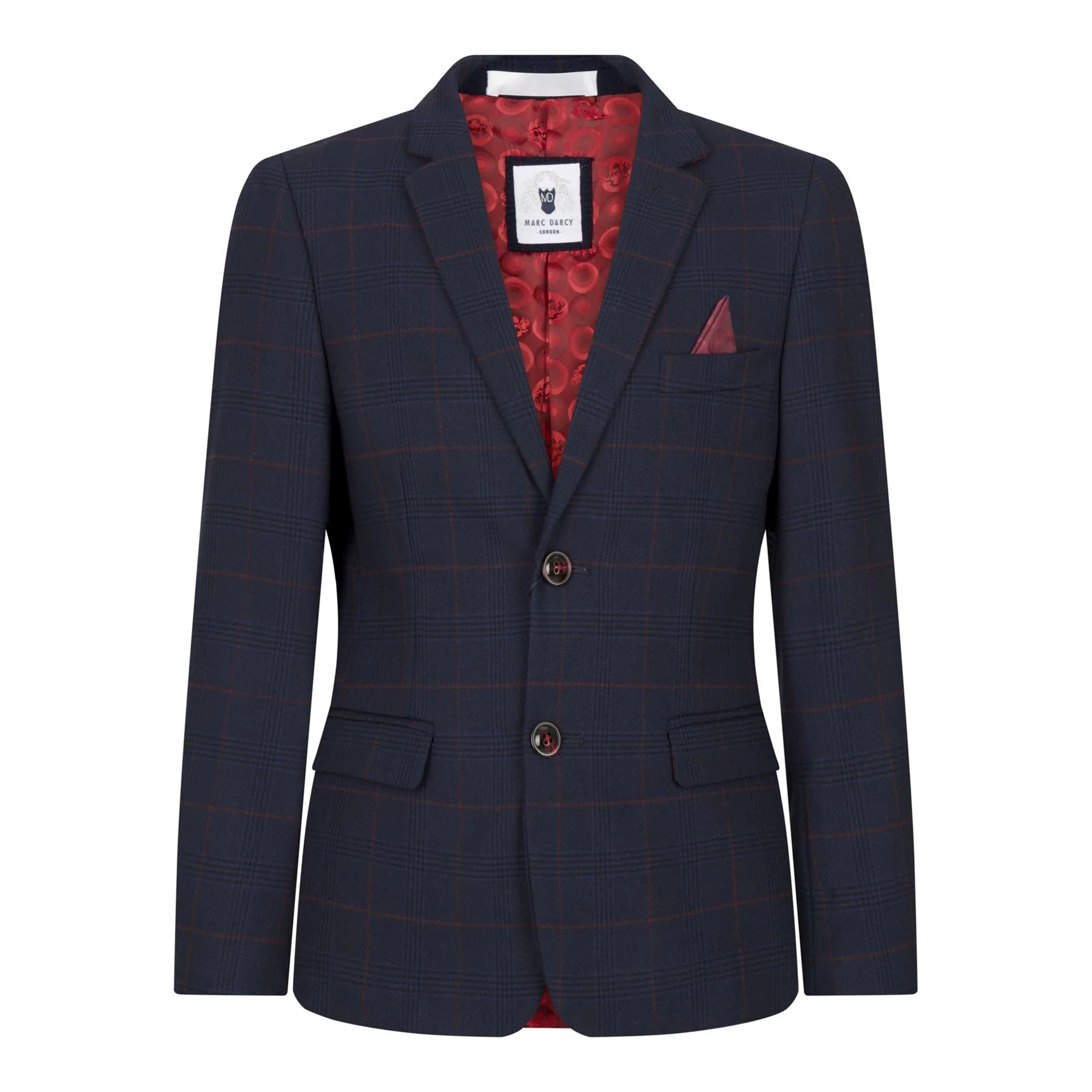 Boys Navy Check 3 Piece Suit Red Edinson Marc Darcy Classic Vintage Wedding - Image 5