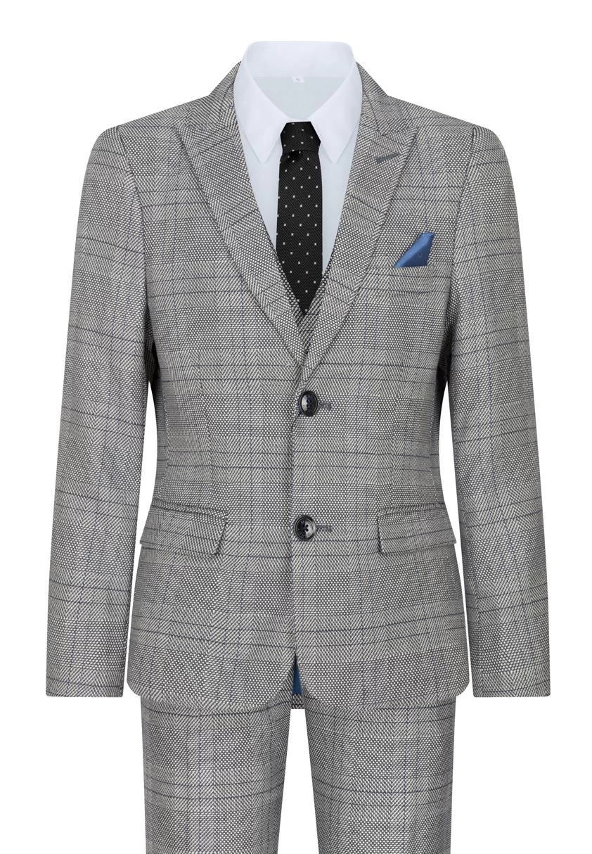Boys Marc Darcy 3 Piece Suit Grey Prince Of Wales Blue Check Vintage Retro