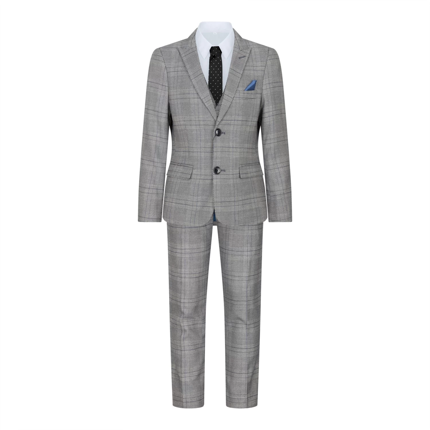 Boys Marc Darcy 3 Piece Suit Grey Prince Of Wales Blue Check Vintage Retro - Image 2