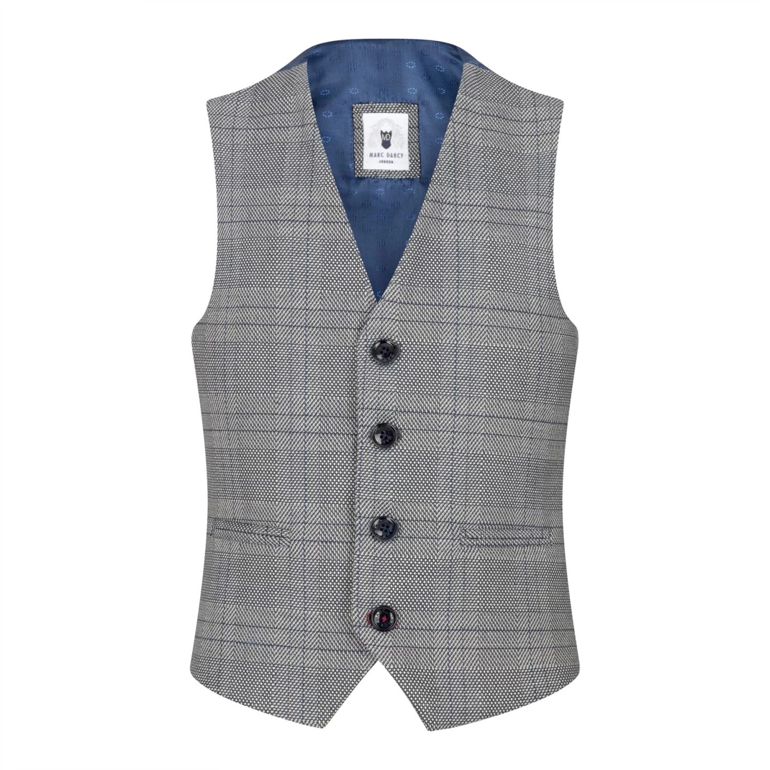 Boys Marc Darcy 3 Piece Suit Grey Prince Of Wales Blue Check Vintage Retro - Image 3