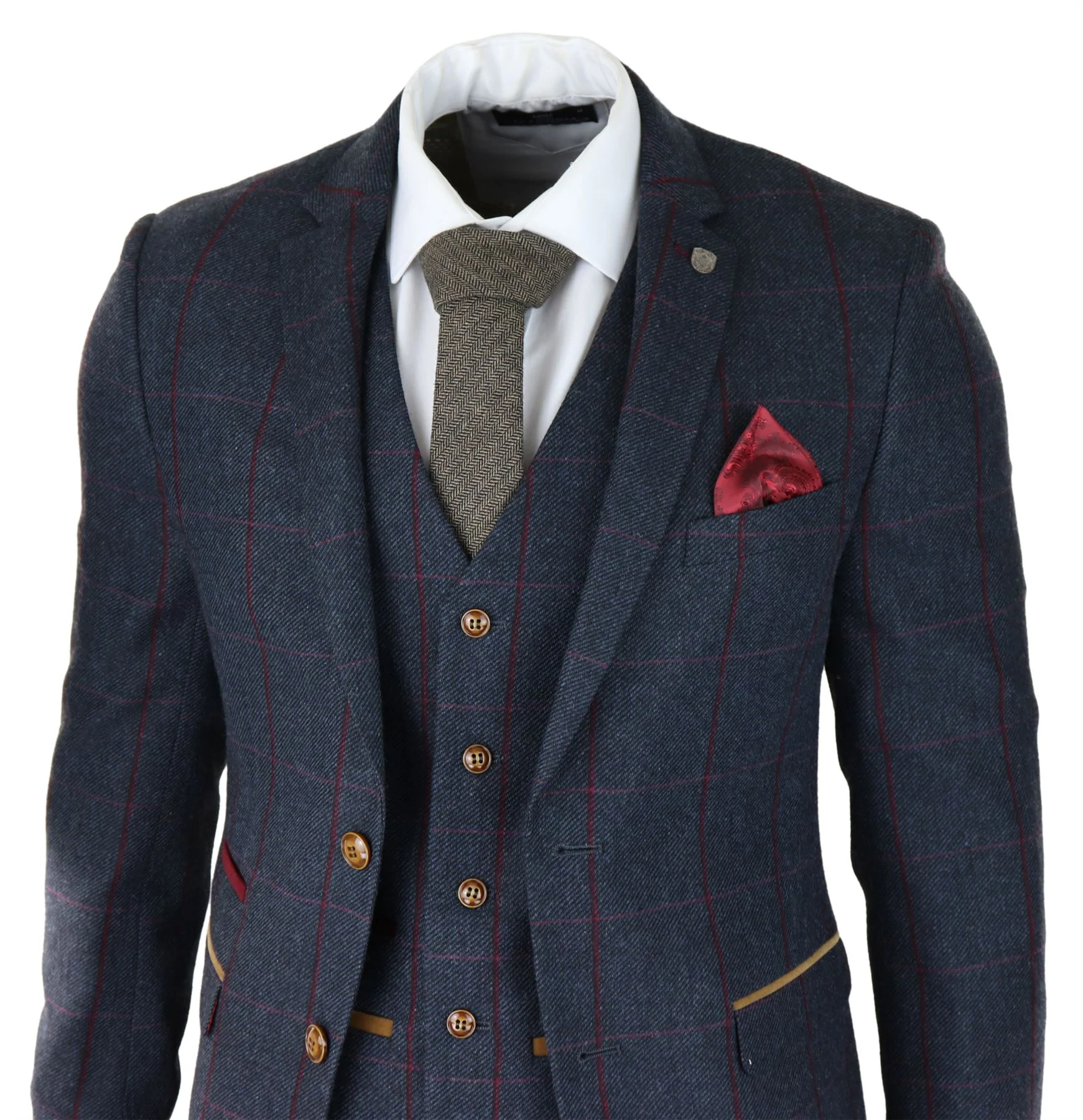 Mens Herringbone Tweed 3 Piece Navy Red Check Suit Vintage 1920s Tailored Fit - Image 2