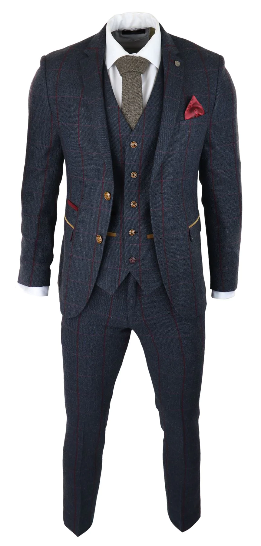 Mens Herringbone Tweed 3 Piece Navy Red Check Suit Vintage 1920s Tailored Fit - Image 5
