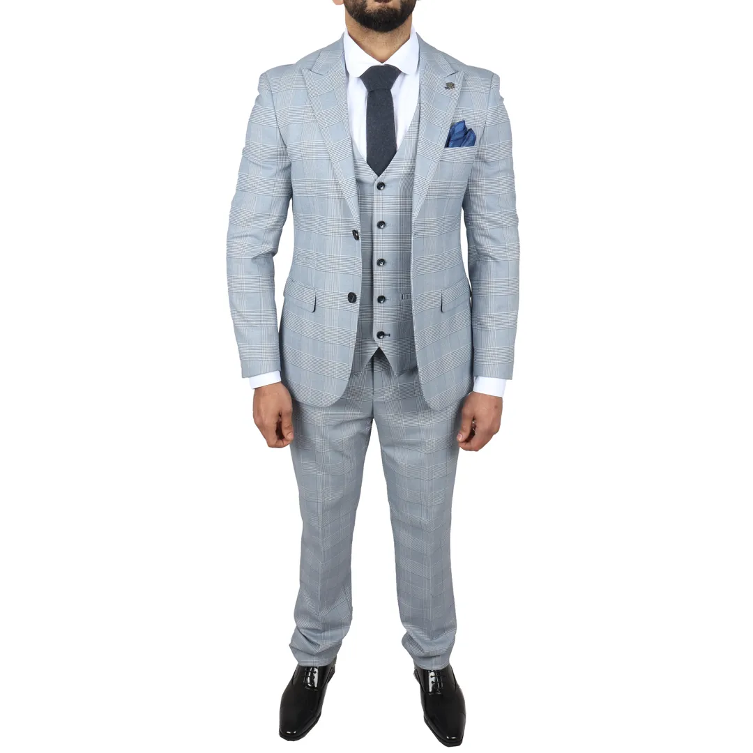 Mark Men’s Light Blue 3-Piece Tweed Check Tailored Fit Suit - Image 8