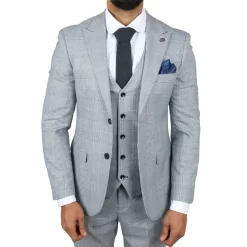 Mark Men’s Light Blue 3-Piece Tweed Check Tailored Fit Suit