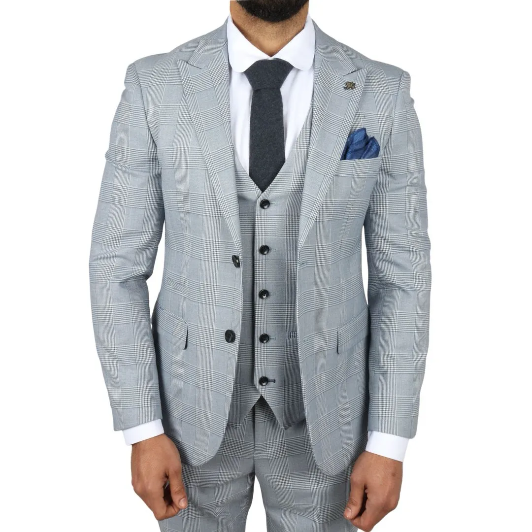 Mark Men’s Light Blue 3-Piece Tweed Check Tailored Fit Suit