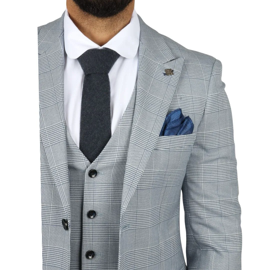 Mark Men’s Light Blue 3-Piece Tweed Check Tailored Fit Suit - Image 4
