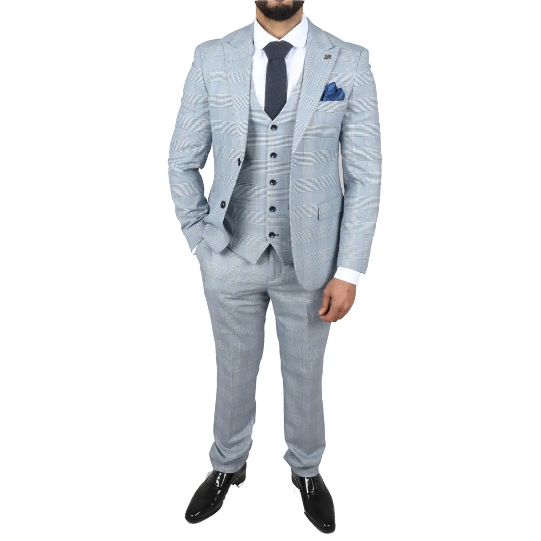 Mark Men’s Light Blue 3-Piece Tweed Check Tailored Fit Suit - Image 5