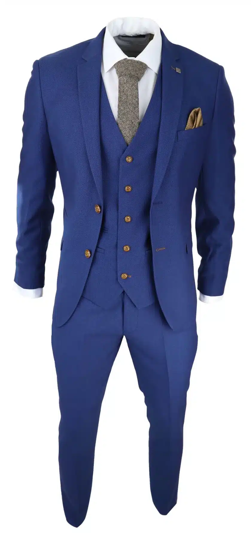 Mens Royal Blue 3 Piece Suit Brown Trim Classic Birdseye Vintage Wedding Grooms - Image 2