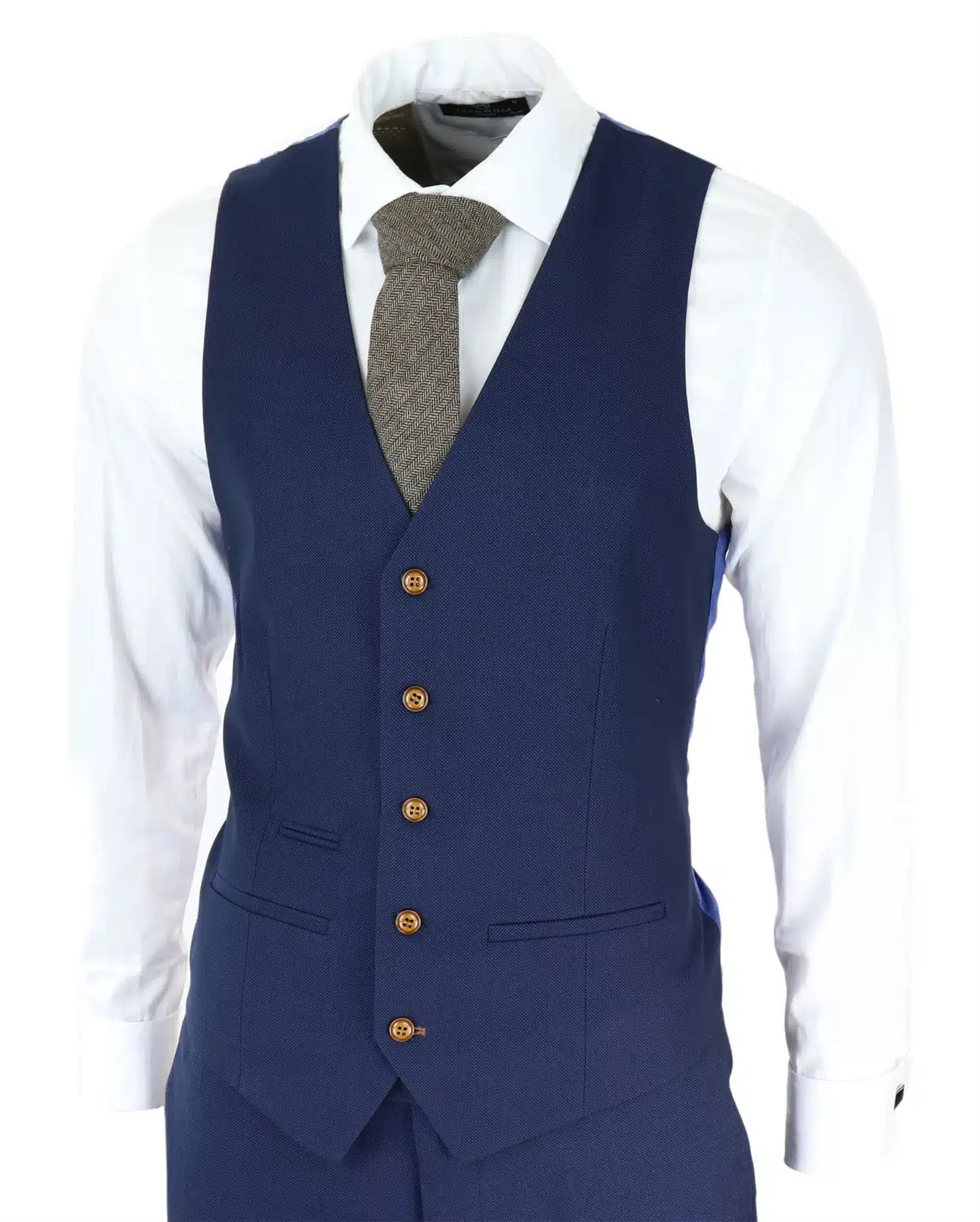 Mens Navy 3 Piece Suit Brown Trim Classic Birdseye Vintage Wedding Grooms - Image 3