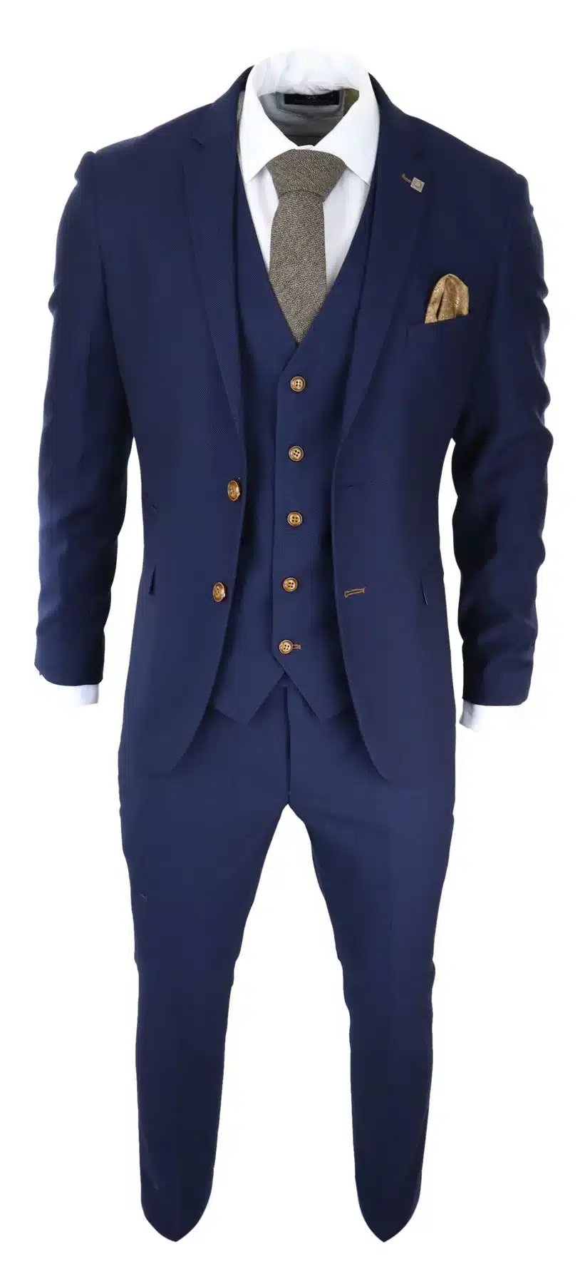 Mens Navy 3 Piece Suit Brown Trim Classic Birdseye Vintage Wedding Grooms - Image 4