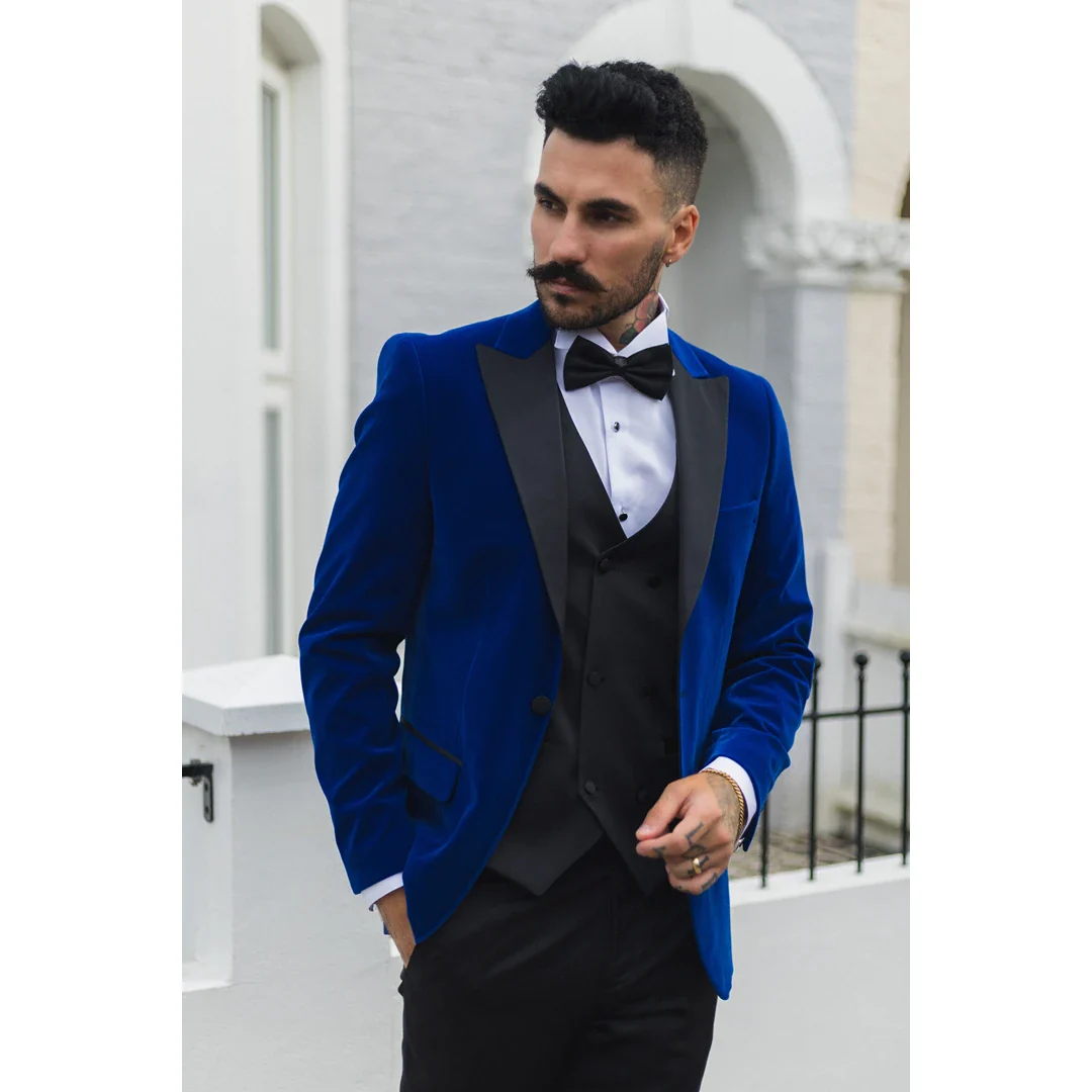 Men’s Royal Blue Velvet Tux Blazer Satin Lapels Dinner Wedding Prom Black Tie - Image 2