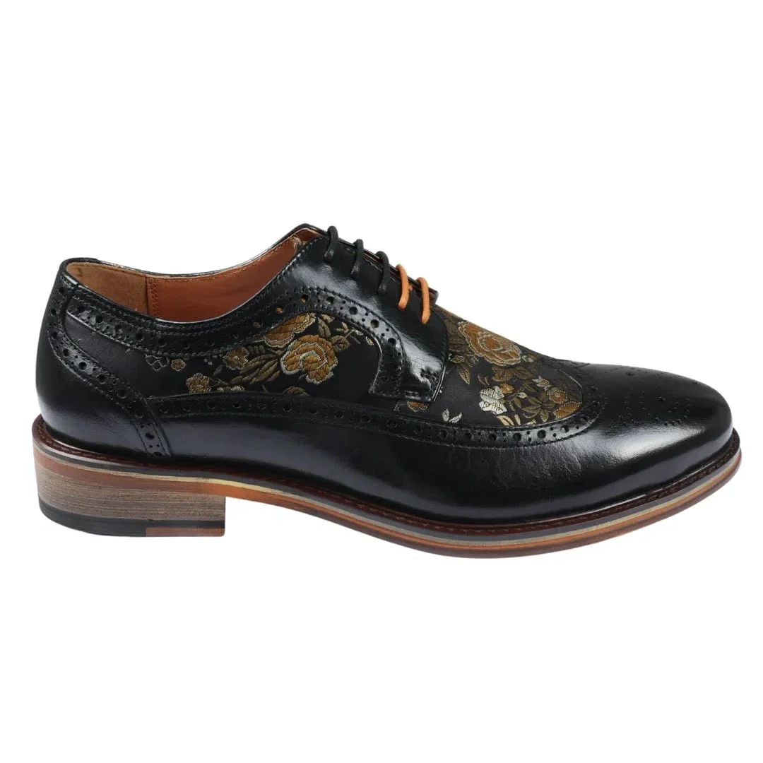 Ross – Men’s Floral Print Leather Black Brogue Shoes