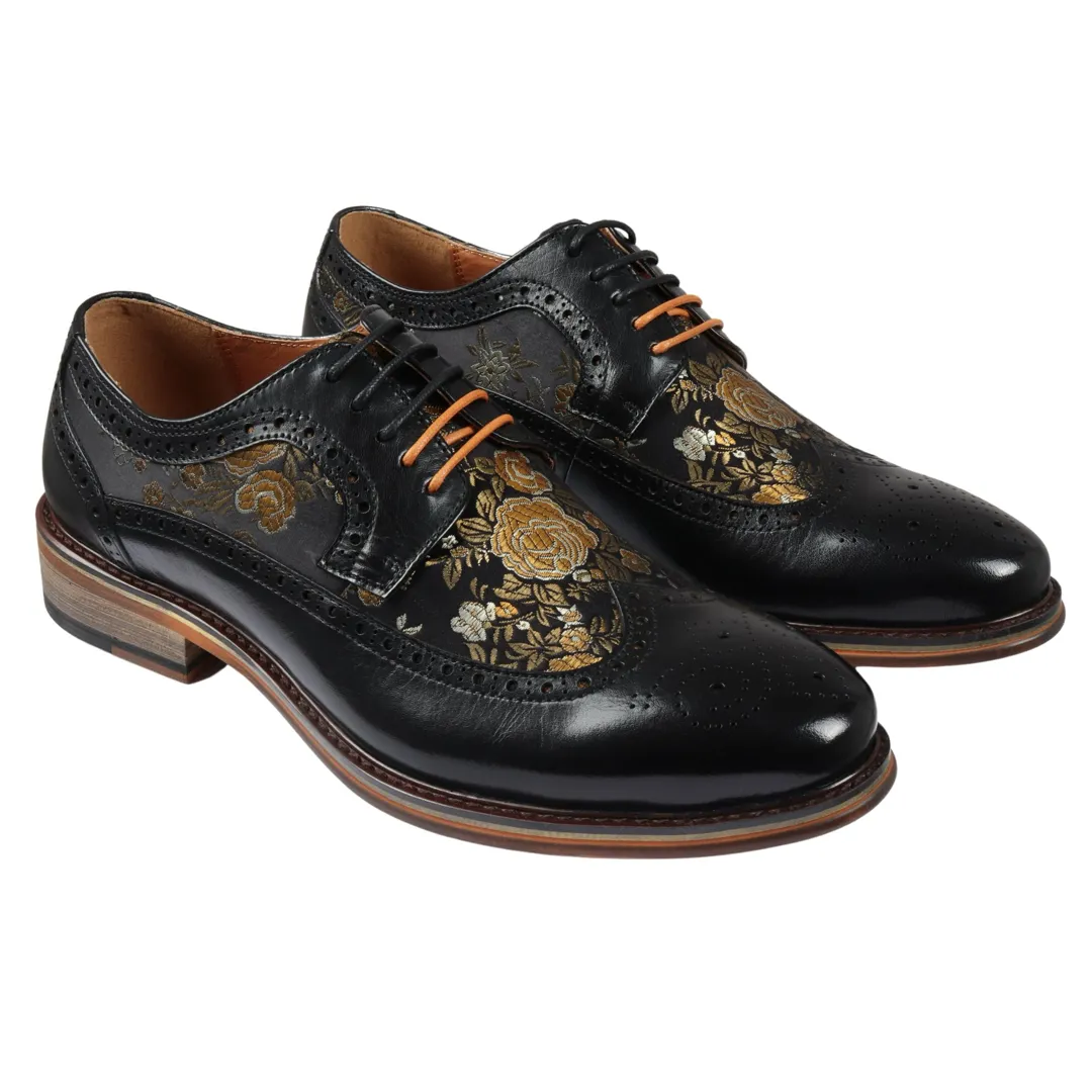 Ross – Men’s Floral Print Leather Black Brogue Shoes - Image 2