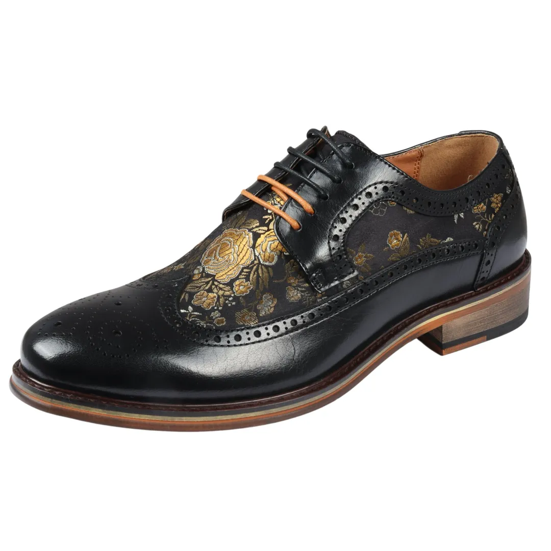 Ross – Men’s Floral Print Leather Black Brogue Shoes - Image 3