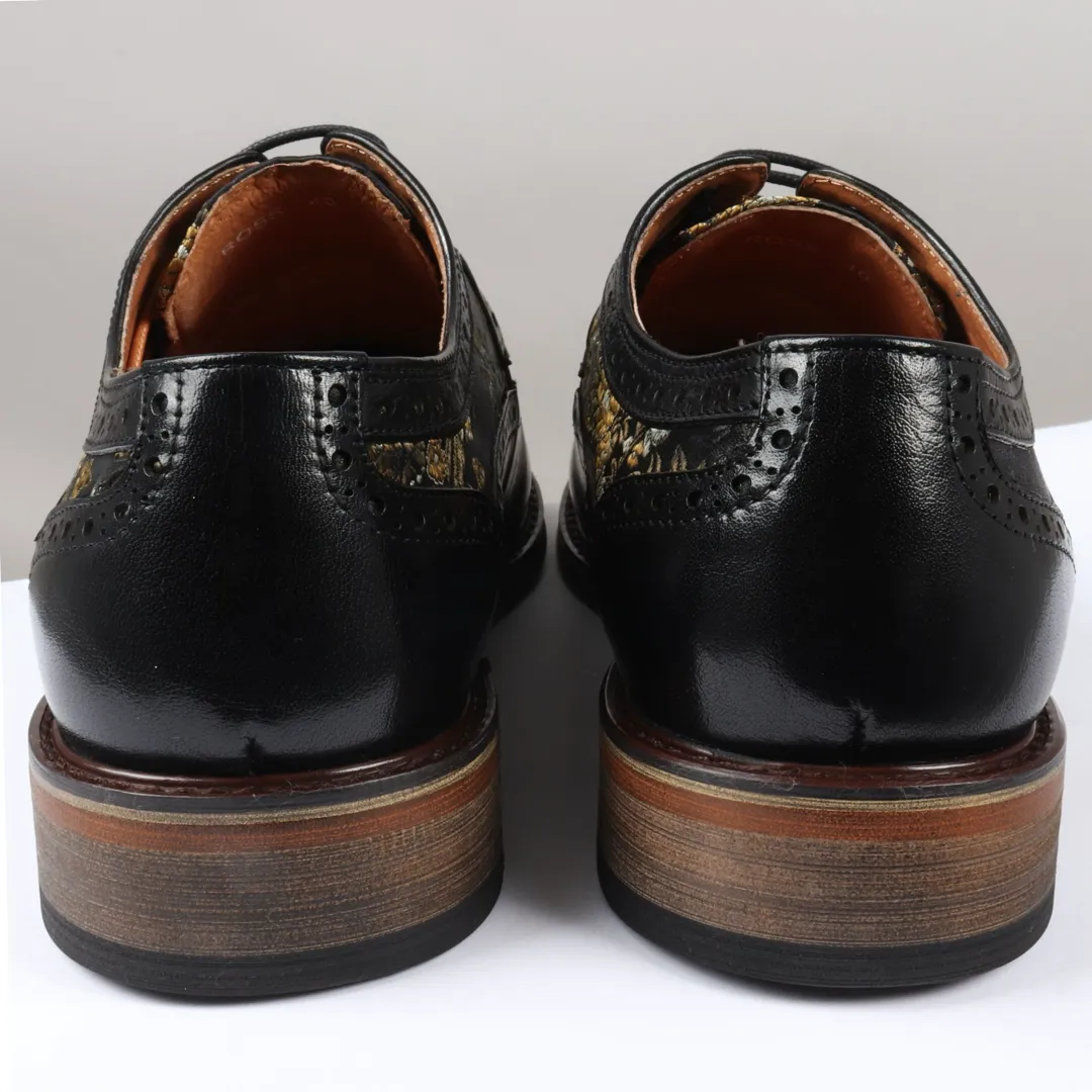 Ross – Men’s Floral Print Leather Black Brogue Shoes - Image 4