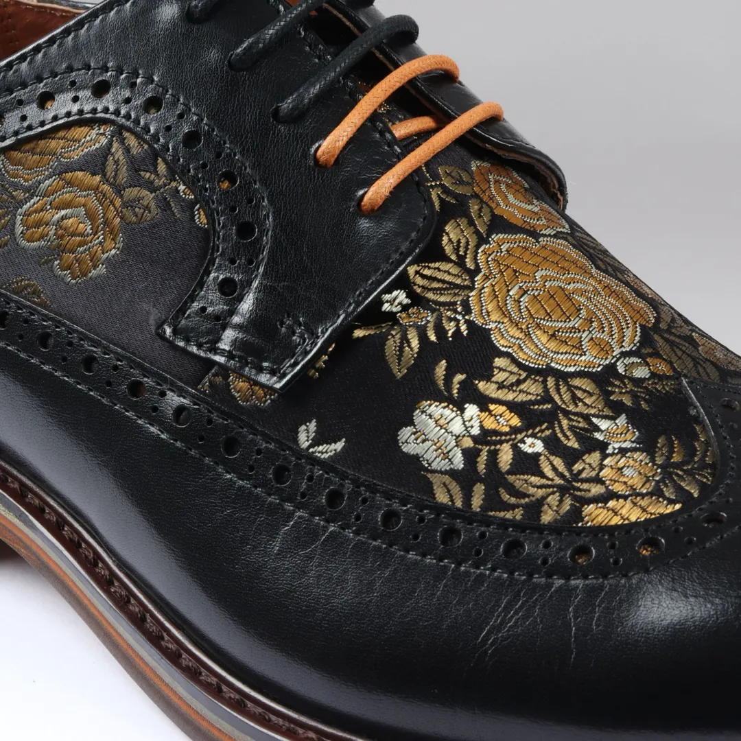 Ross – Men’s Floral Print Leather Black Brogue Shoes - Image 5