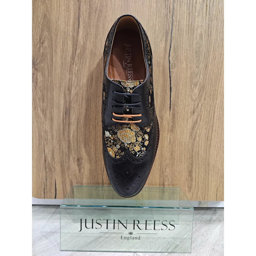 Ross – Men’s Floral Print Leather Black Brogue Shoes - Image 7