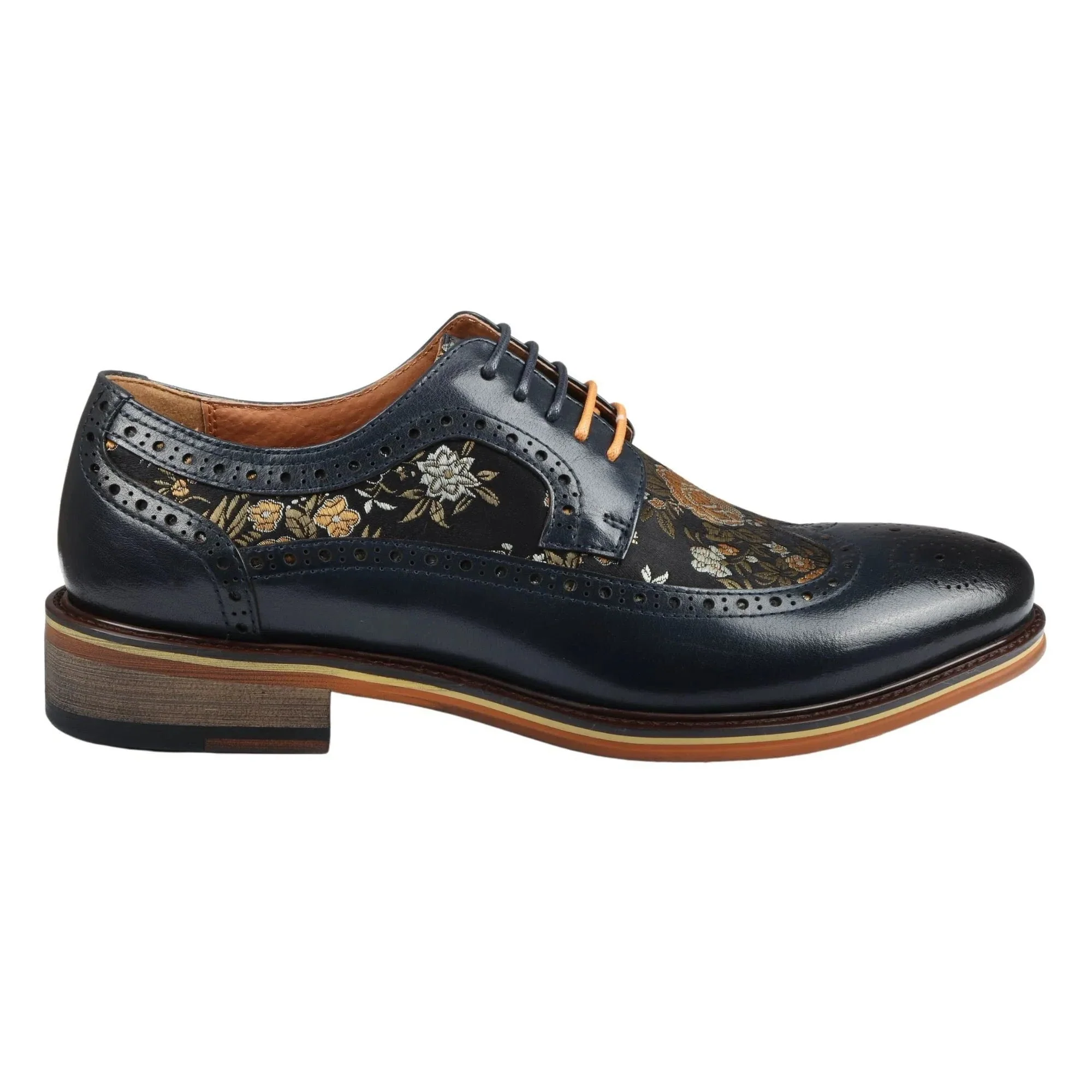 Ross – Men’s Floral Print Leather Navy Brogue Shoes