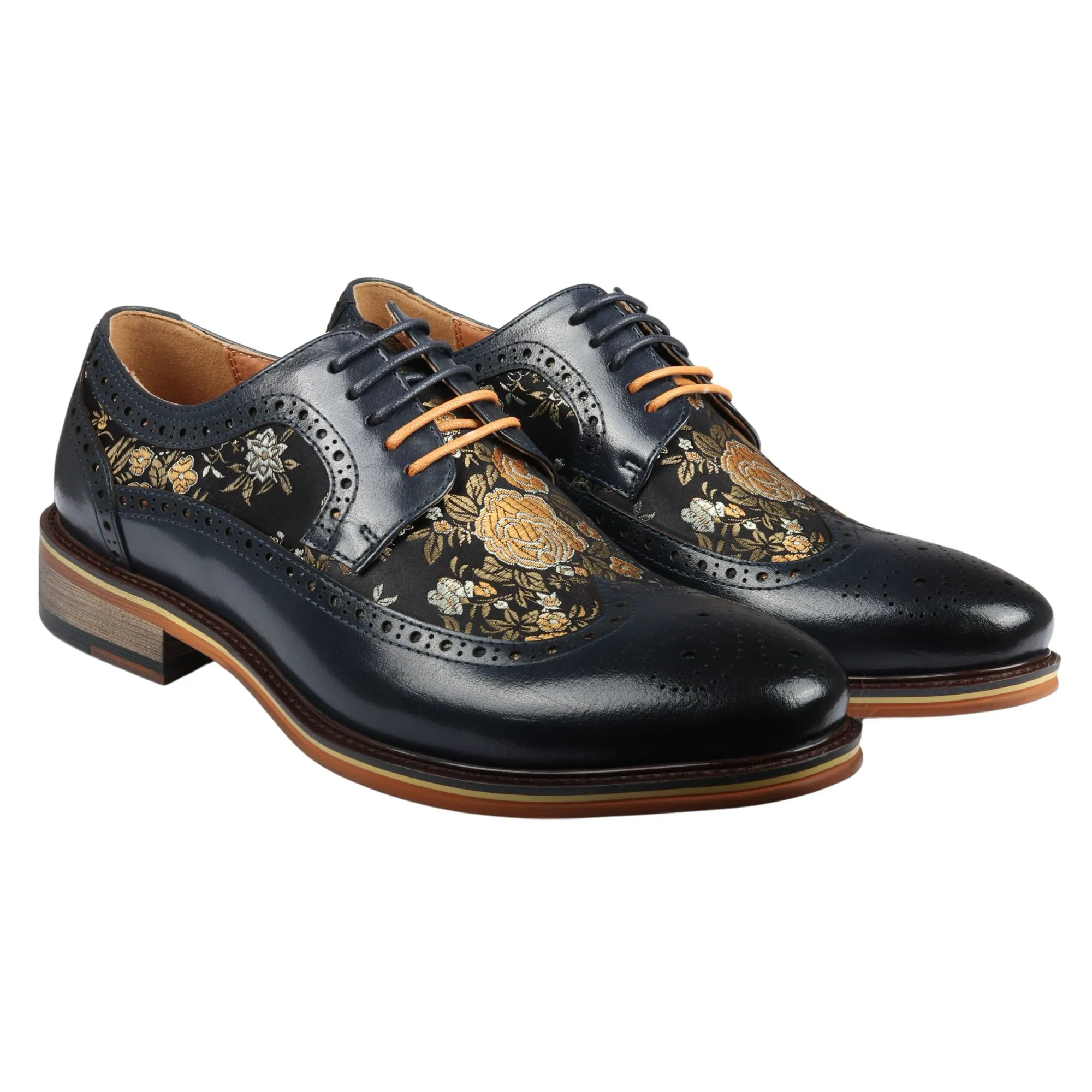 Ross – Men’s Floral Print Leather Navy Brogue Shoes - Image 2