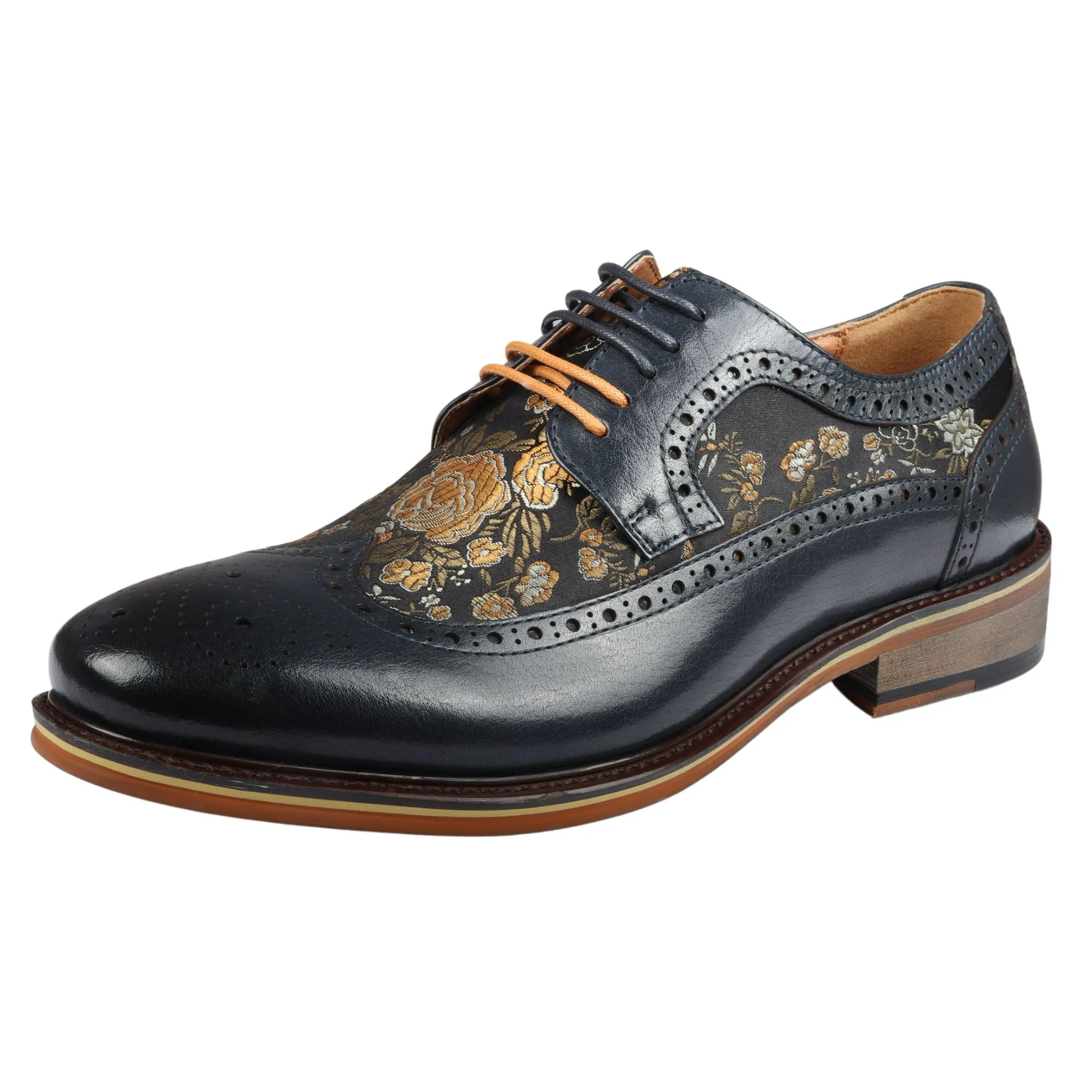 Ross – Men’s Floral Print Leather Navy Brogue Shoes - Image 3