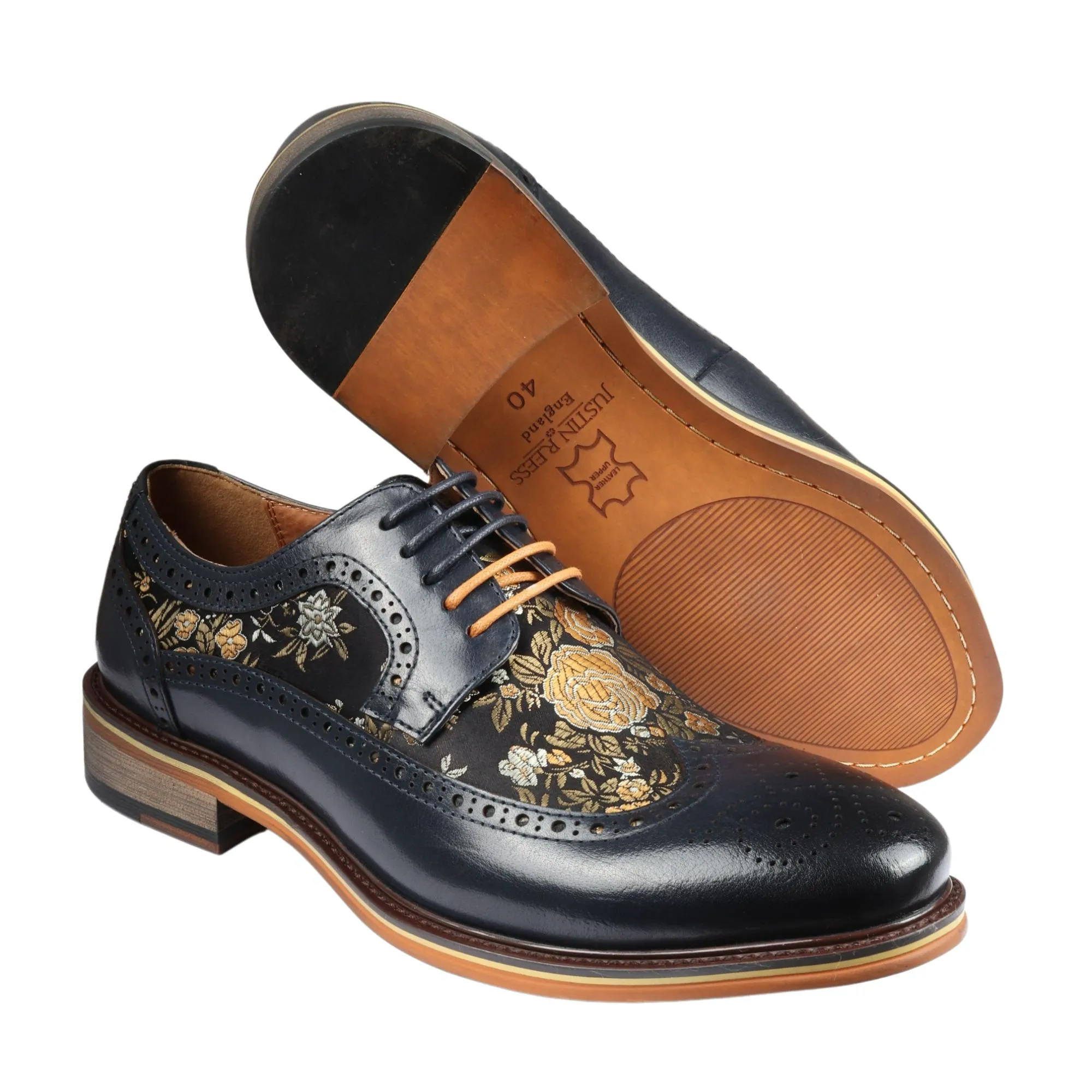 Ross – Men’s Floral Print Leather Navy Brogue Shoes - Image 4