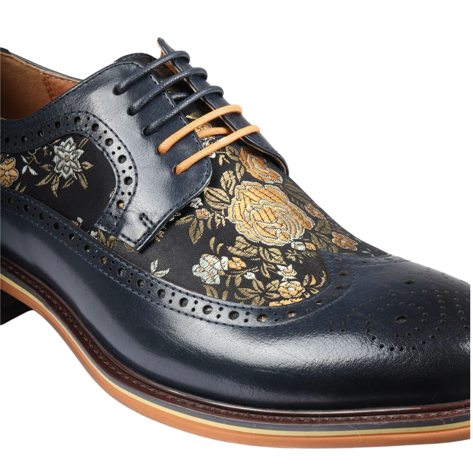 Ross – Men’s Floral Print Leather Navy Brogue Shoes - Image 6