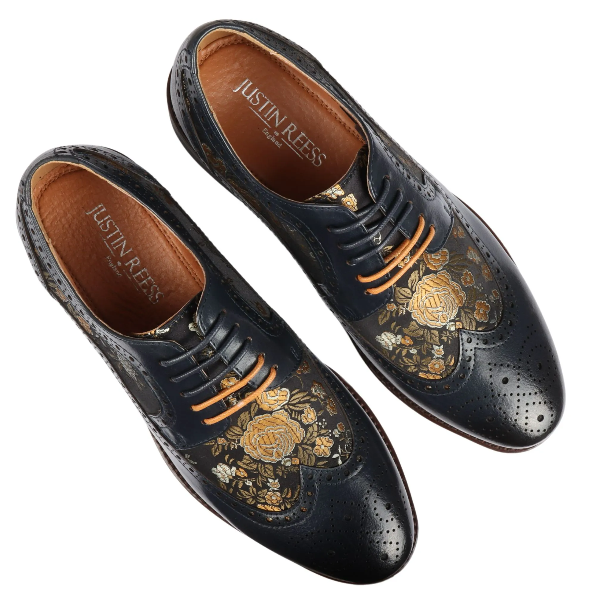 Ross – Men’s Floral Print Leather Navy Brogue Shoes - Image 7